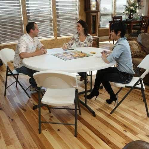 60-Inch White Granite Round Folding Table with Steel Legs