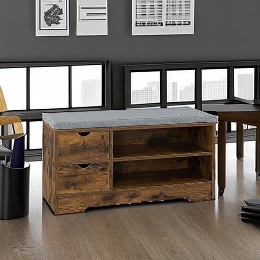 Walnut and Gray Engineered Wood Entryway Bench with Storage