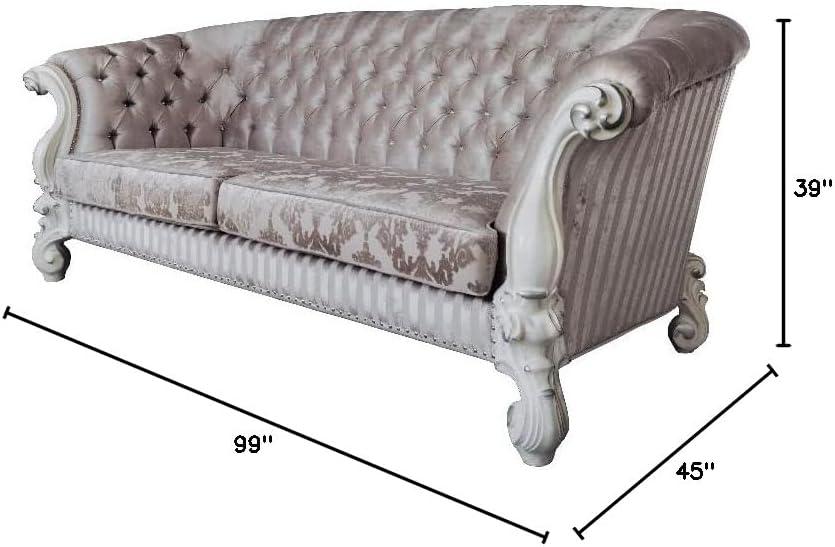 99" Versailles Sofa Ivory Fabric and Bone White Finish - Acme Furniture: Crescent-Shaped, Nailhead Trim, No Assembly Required