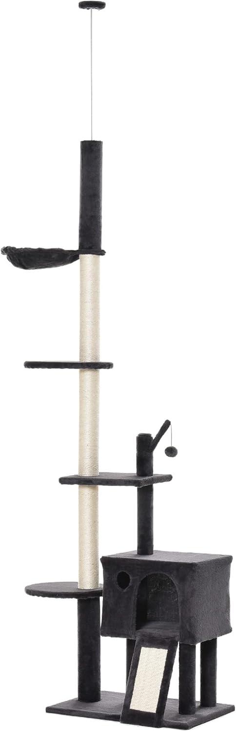 PawHut 106" Huge Cat Tree Kitty Activity Center Floor-to-Ceiling Cat Climbing Toy with Scratching Post Board Hammock Hanging Ball Dark Gray