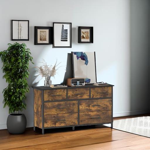 IKENO 7 Drawer Dresser, Industrial Wood Storage Dressers & Chests of Drawers with Sturdy Steel Frame, Storage Dresser for Bedroom Wood