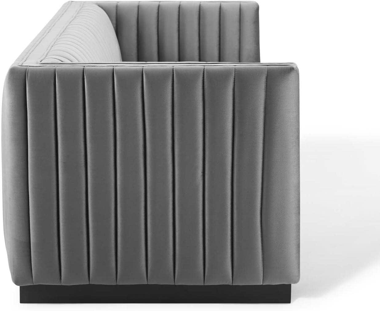 Gray Tufted Velvet Tuxedo Arm Sofa with Wood Base