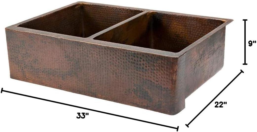 Premier Copper Products KA50DB33229 33" Hammered Copper Apron Front 50/50 Double Basin Kitchen Sink