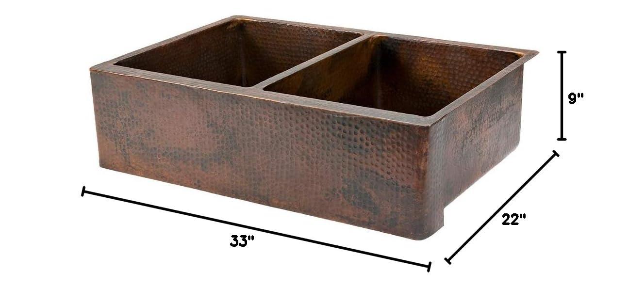 Premier Copper Products KA50DB33229 33" Hammered Copper Apron Front 50/50 Double Basin Kitchen Sink