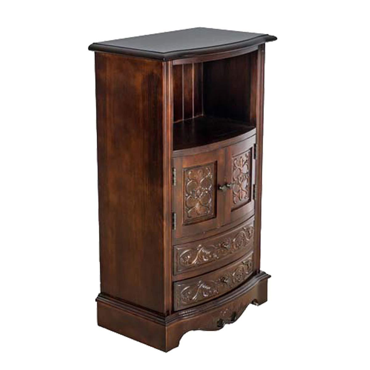 Brown Birchwood Engraved Storage Cabinet with 2 Drawers and 2 Doors