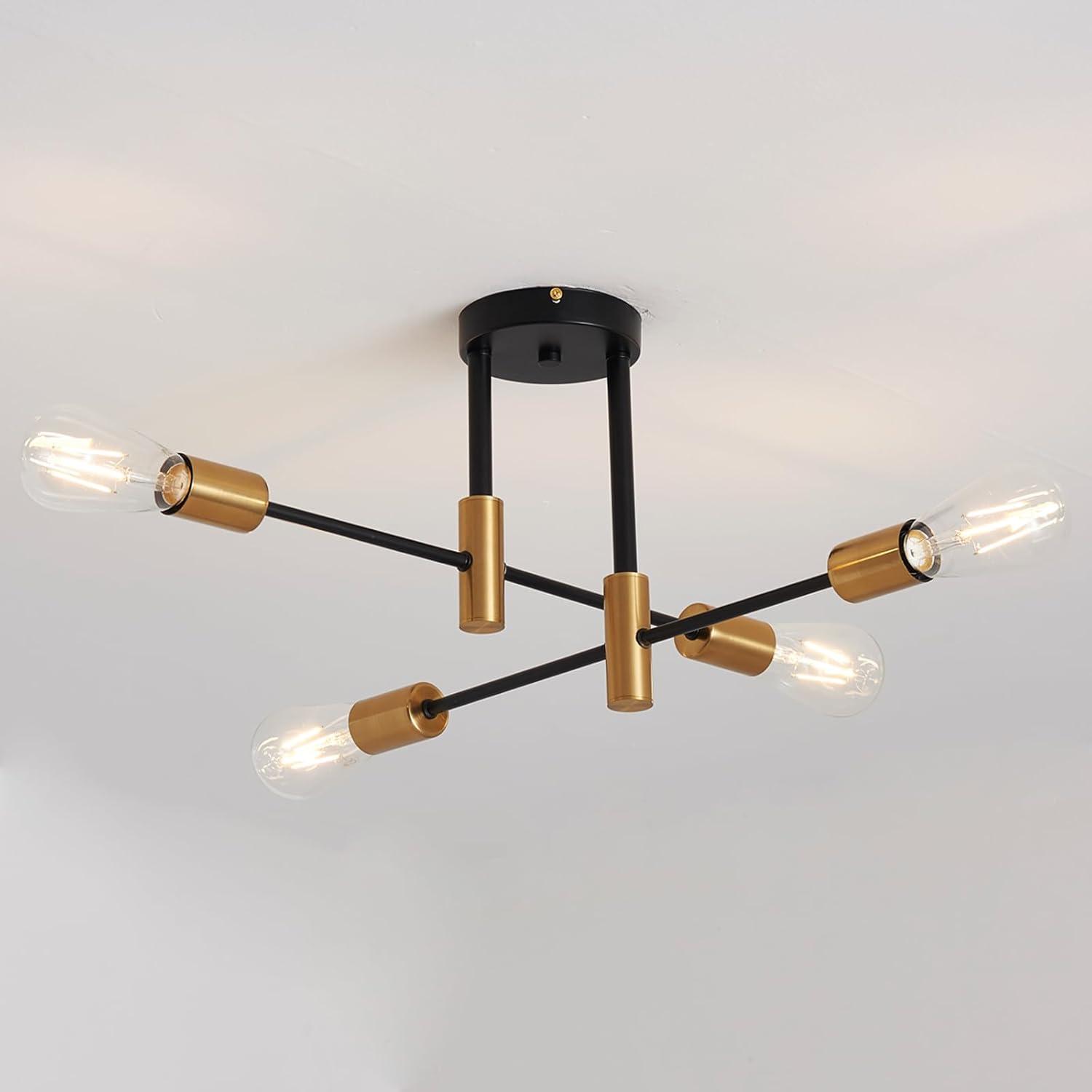 Sputnik Chandelier - 4-Light Semi Flush Mount Ceiling Light Fixture,Mid Century Modern Hanging Light Fixtures,Black and Gold Chandeliers for Dining Room Bedroom Living Room Kitchen Foyer