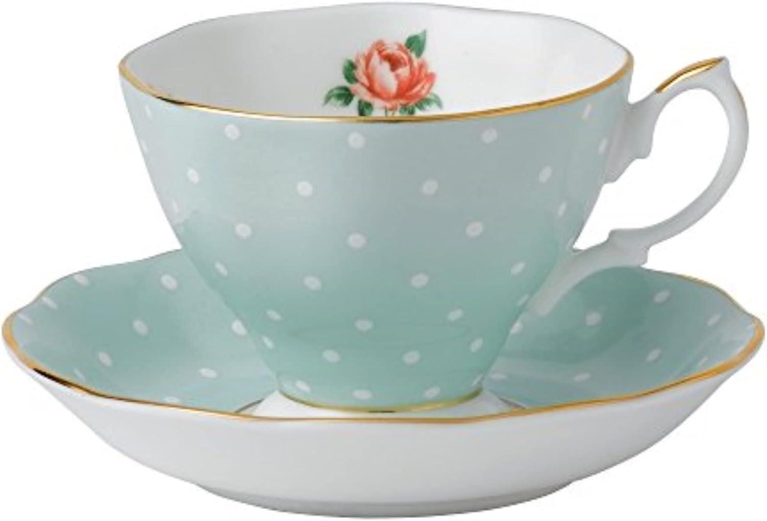 Polka Rose Bone China Teacup and Saucer with Gold Rim