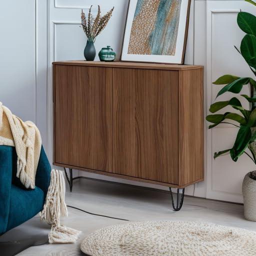 Slim Walnut 2-Door Storage Cabinet with Adjustable Shelving