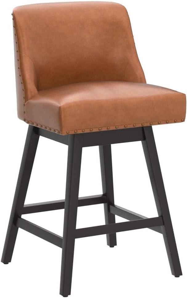 26 Inch Brown Faux Leather Swivel Counter Stools with Wood Legs