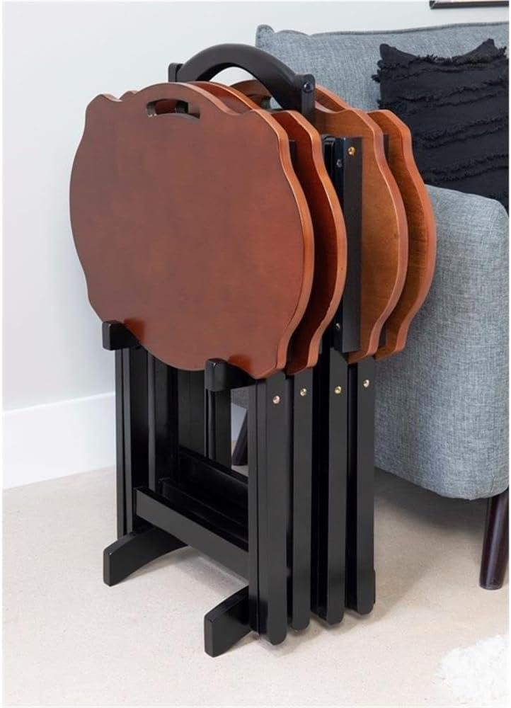 Traditional Five Piece Wood Tray Table Set in Hazelnut and Black, TV Tray, for Bar and Game Room