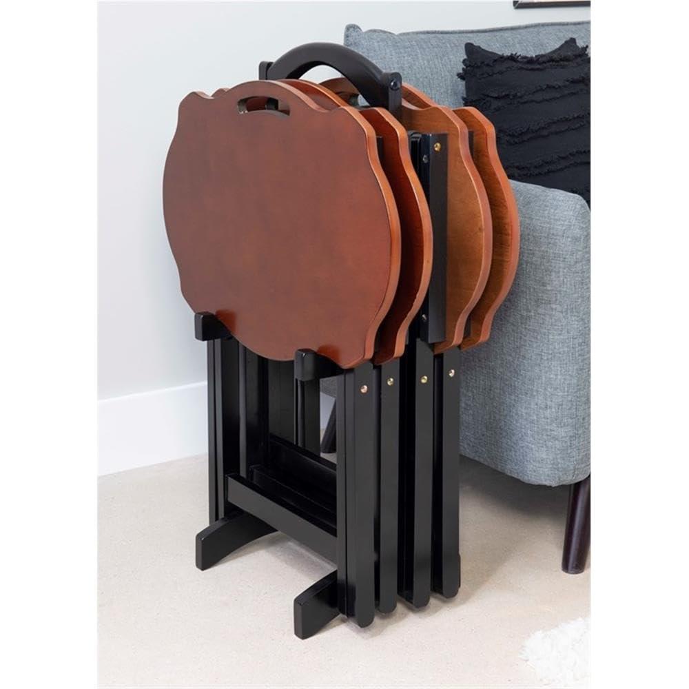 Traditional Five Piece Wood Tray Table Set in Hazelnut and Black, TV Tray, for Bar and Game Room