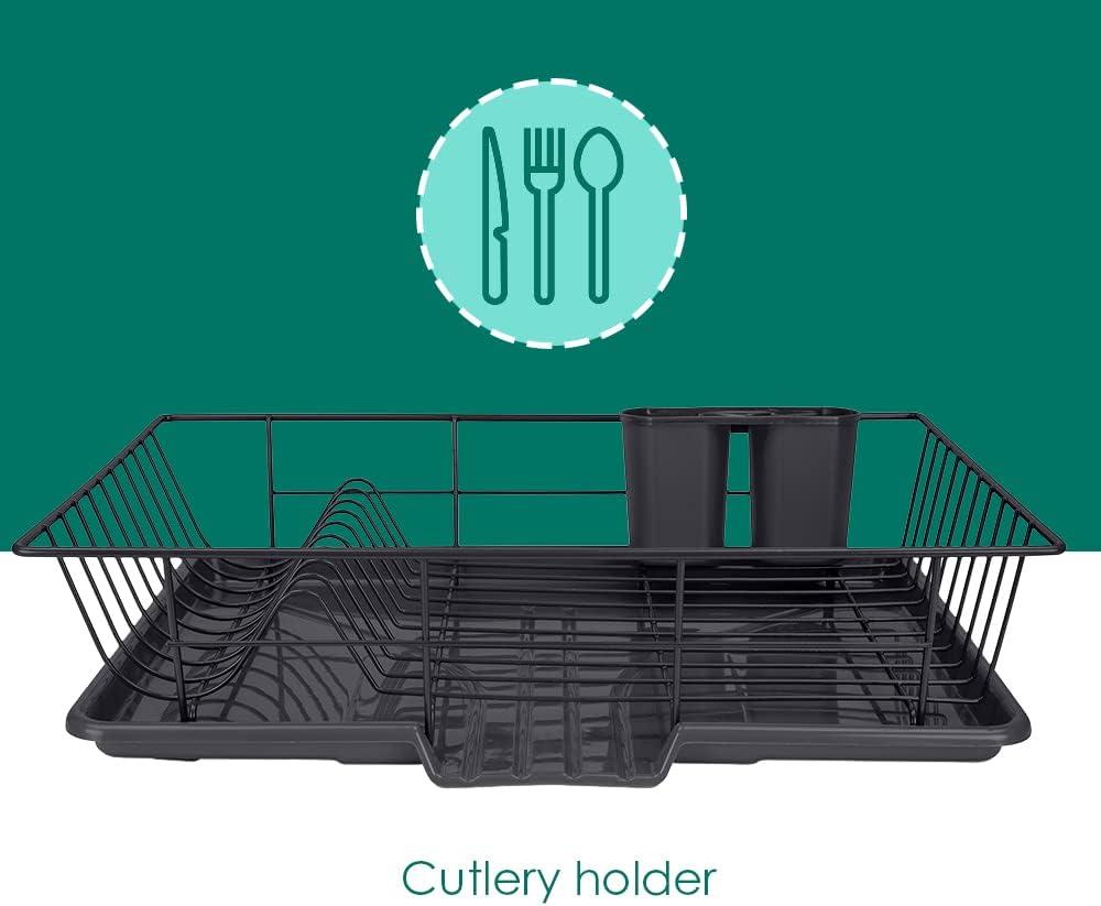 Home Basics Dish Drying Rack (Black) Dish Drainers for Kitchen Counter | with Sloping Tray and Utensil Holder | Big Dish Drying Rack