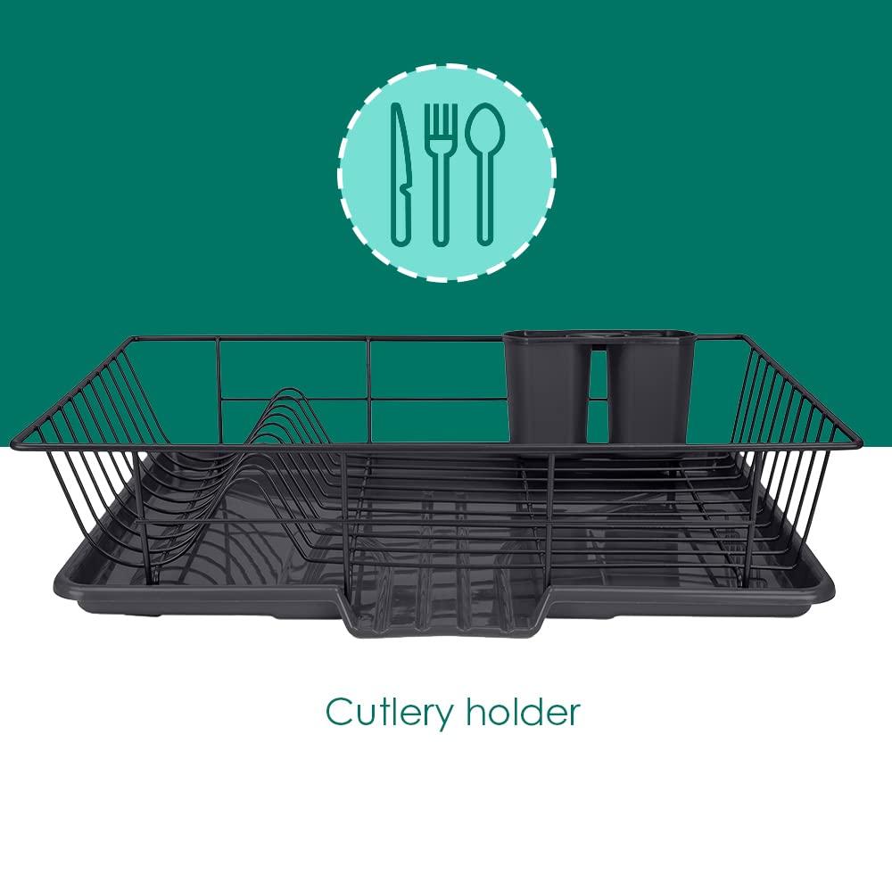 Home Basics Dish Drying Rack (Black) Dish Drainers for Kitchen Counter | with Sloping Tray and Utensil Holder | Big Dish Drying Rack