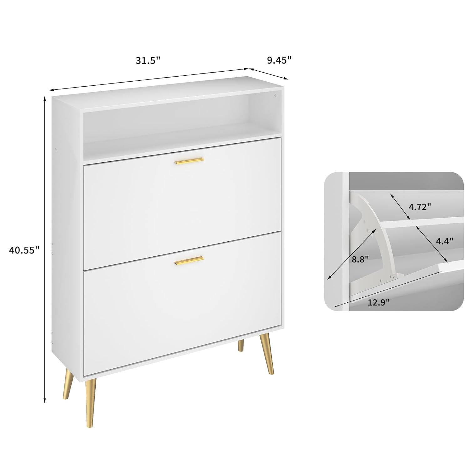 Shoe Cabinet Storage for Entryway  Freestanding Slim Shoe Organizer Cabinet with 2 Flip Drawers  Narrow Shoe Rack with Open Shelves for Hallway  Living Room  White