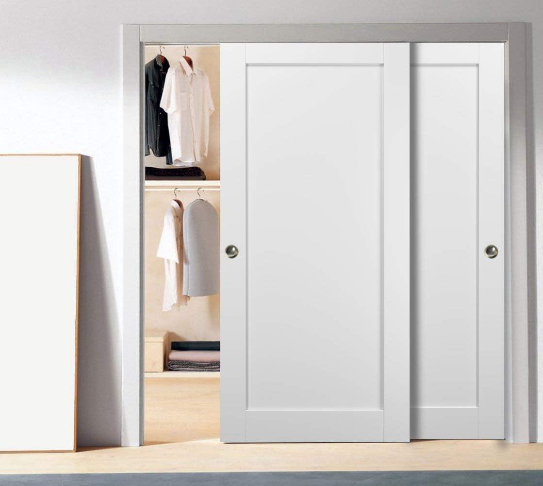 Sliding Closet Bypass Doors 84 x 80 with hardware | Quadro 4111 White Silk | Sturdy Top Mount Rails Moldings Trims Set | Kitchen Wooden Solid Bedroom Wardrobe Doors