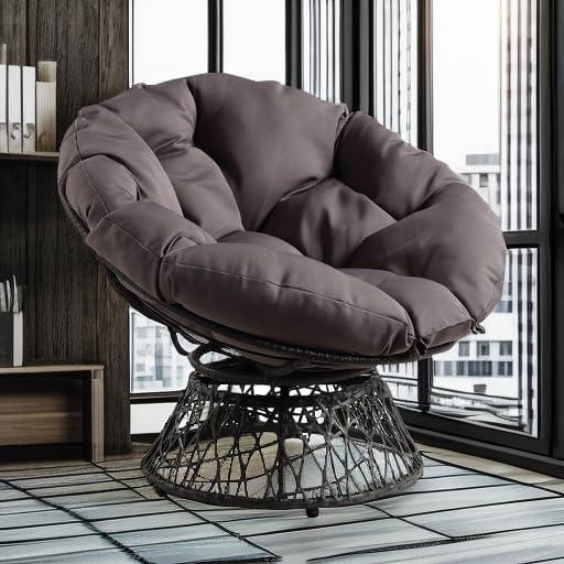 Wicker Papasan Chair with 360-Degree Swivel, Grey Frame with Grey Cushion