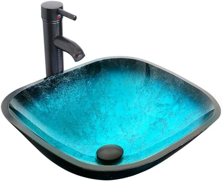 Turquoise Glass Above-Counter Vessel Sink with Faucet and Drain