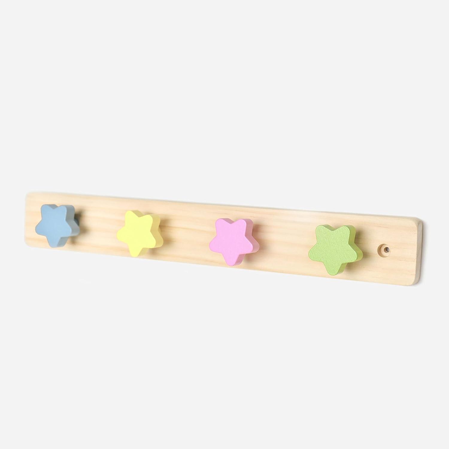 Natural Pine Star Shaped Kids Coat Rack with Colorful Hooks