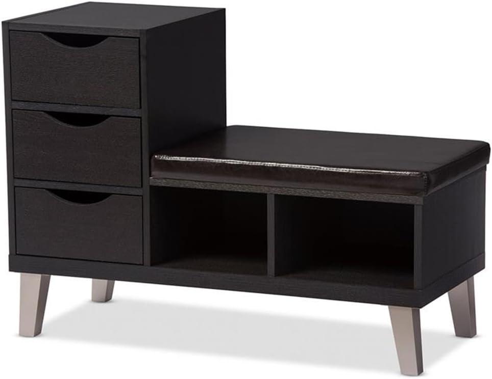 Arielle Modern 3-Drawer Dark Brown Bench with Padded Seating and Storage Shelves