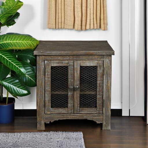 Danell Ridge Rectangular End Table Brown - Signature Design by Ashley: Farmhouse Mesh Cabinet Storage