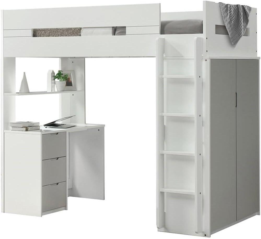 ACME Nerice Wooden Frame Twin Storage Loft Bed in White and Gray
