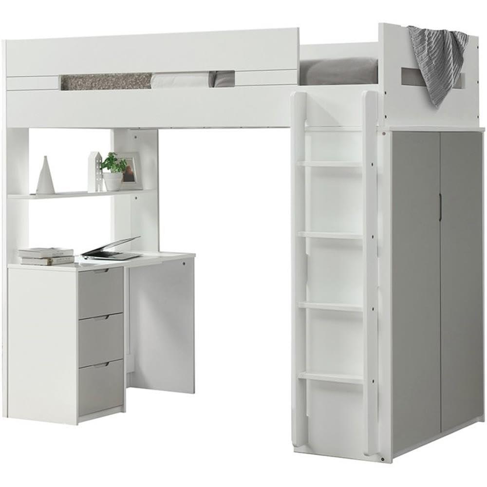 ACME Nerice Wooden Frame Twin Storage Loft Bed in White and Gray