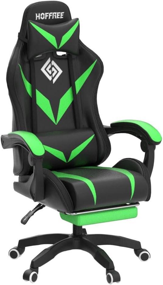 Ergonomic Black and Green Leather Gaming Chair with LED Lights