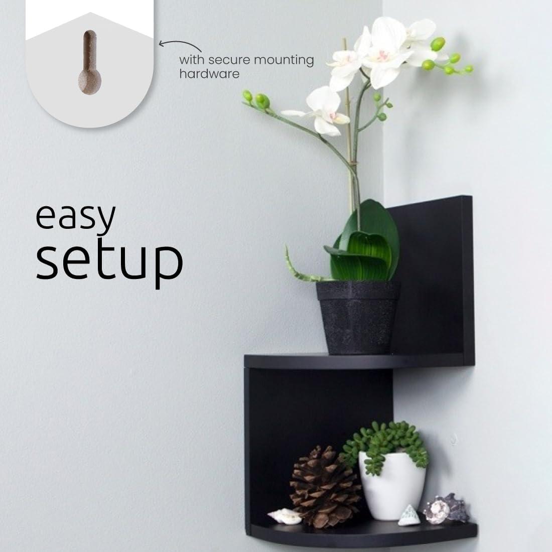 Black Wood Floating Corner Shelves Set for Wall