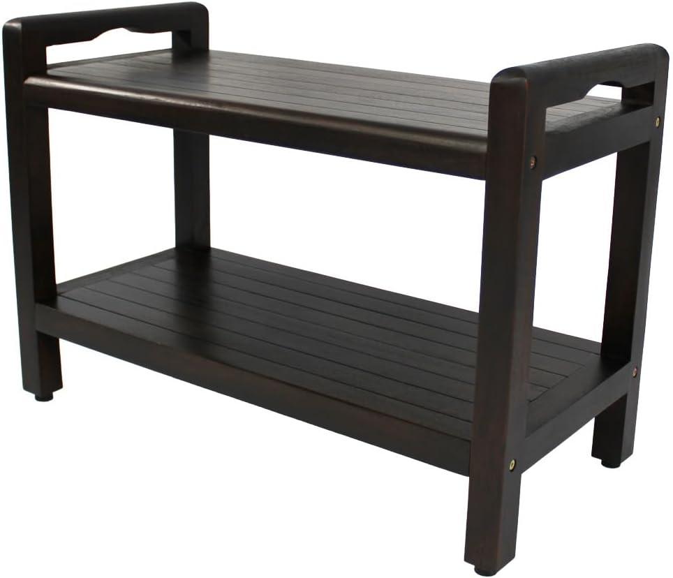 DecoTeak Eleganto 29 Inch Brown LiftAide Arms Waterproof Teak Wood Shower Bench Stool Seat Chair for Inside Shower Storage Shelf Provides Safety, Storage, and Organization for Bathroom Accessories