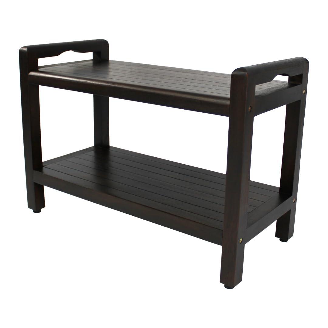 DecoTeak Eleganto 29 Inch Brown LiftAide Arms Waterproof Teak Wood Shower Bench Stool Seat Chair for Inside Shower Storage Shelf Provides Safety, Storage, and Organization for Bathroom Accessories