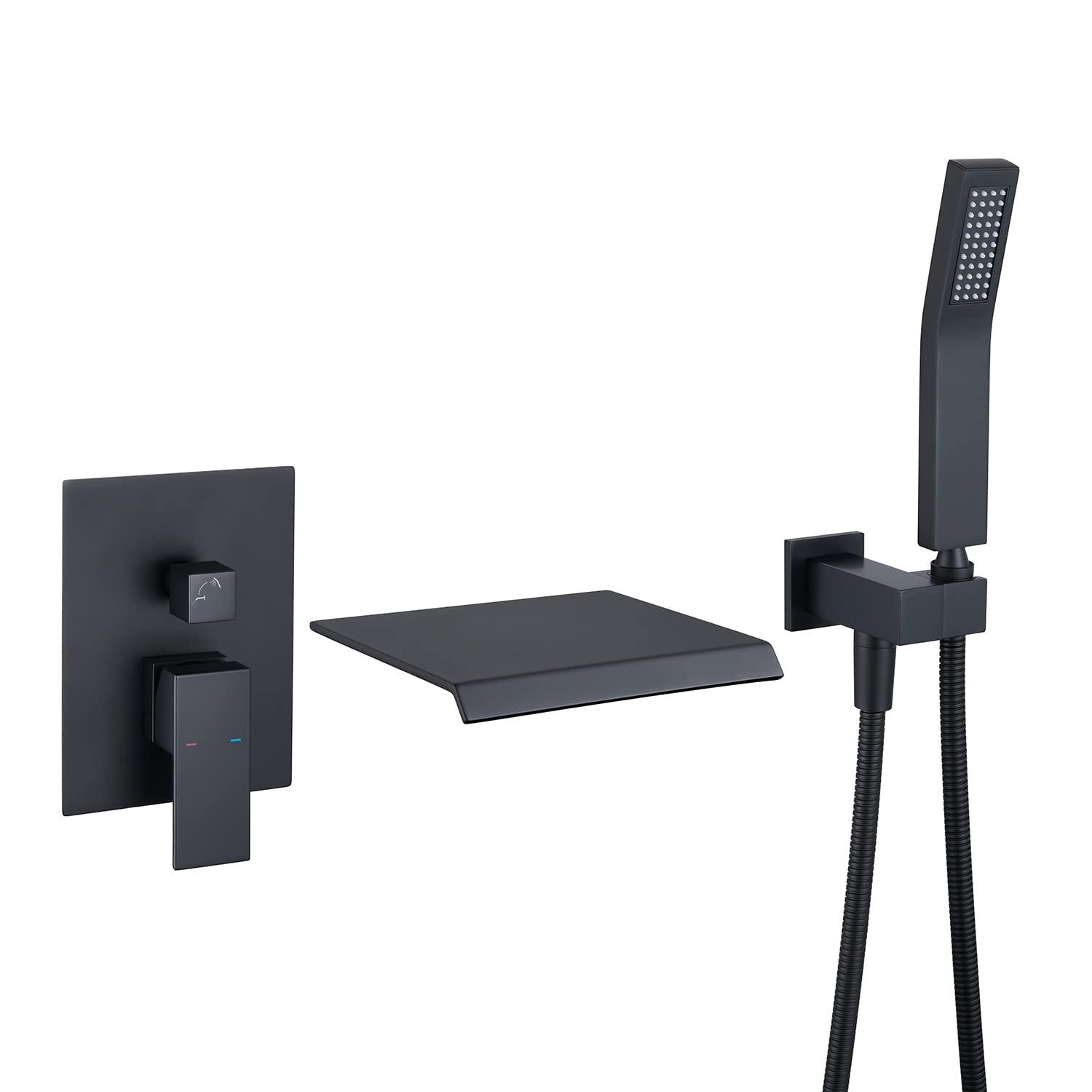 Airuida Wall Mount Tub Faucet with Waterfall Tub Spout Wall Mounted Bathtub Faucet with Handheld Shower Single Handle Tub Filler Shower Faucet Set with Rough-in valve Straight Spout Matte Black