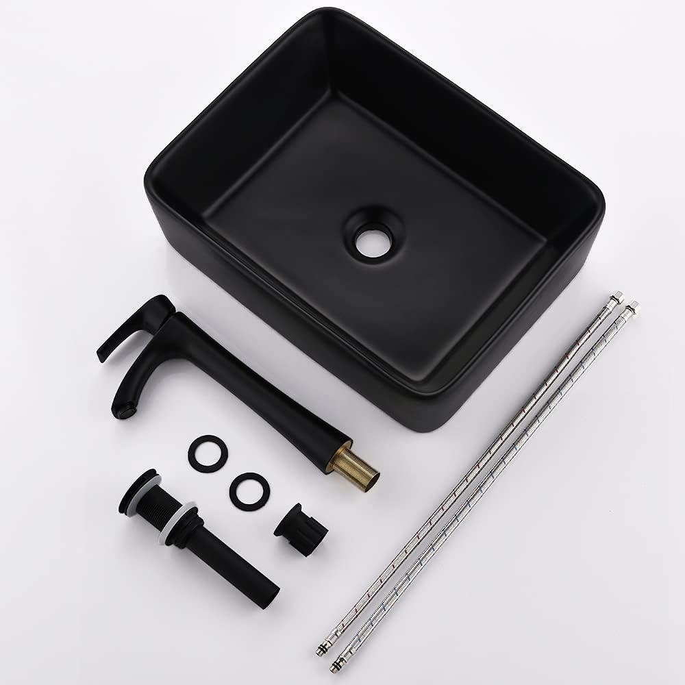 Matte Black Ceramic Rectangular Vessel Sink with Faucet Combo