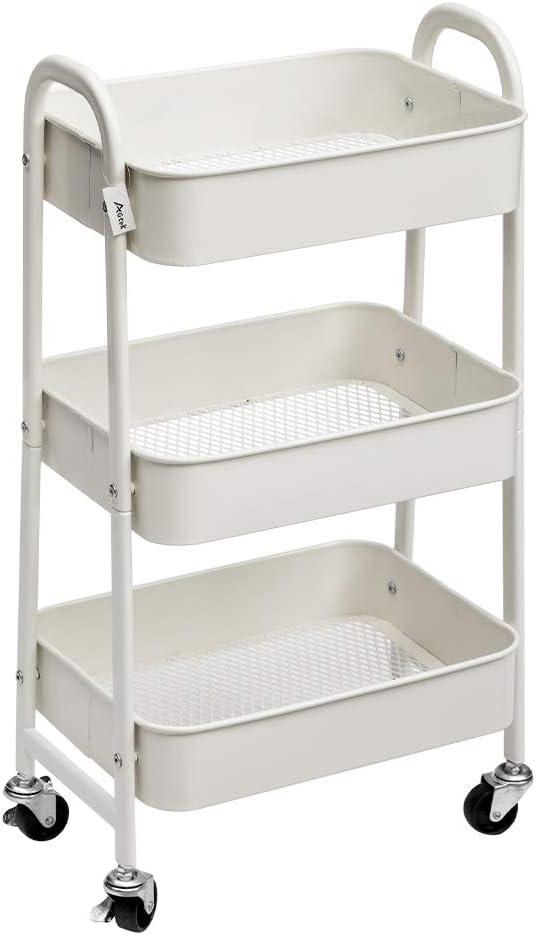 ZUNMOS 3 Tier Utility Rolling Cart, Metal Mobile Storage Cart with Lockable Caster Wheels, Storage Shelves Organizer Cart for Livingroom, Bathroom, Kitchen, & Narrow Places, White