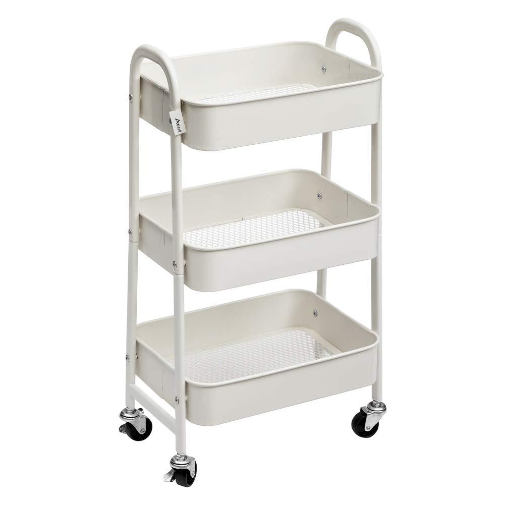 ZUNMOS 3 Tier Utility Rolling Cart, Metal Mobile Storage Cart with Lockable Caster Wheels, Storage Shelves Organizer Cart for Livingroom, Bathroom, Kitchen, & Narrow Places, White
