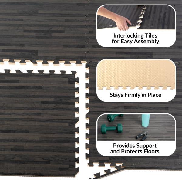 Stalwart EVA Foam Floor Tiles 12-Pack - 48 SQFT Woodgrain Puzzle Mat, Black