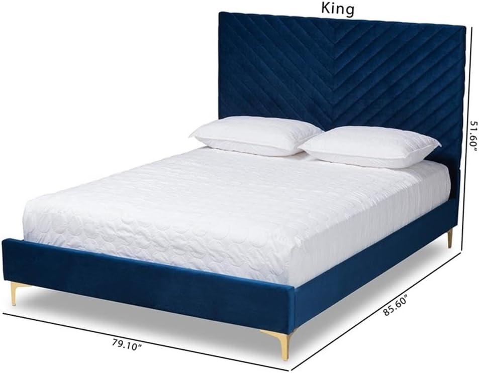King Fabrico Velvet Fabric Upholstered and Metal Platform Bed Navy Blue/Gold - Baxton Studio