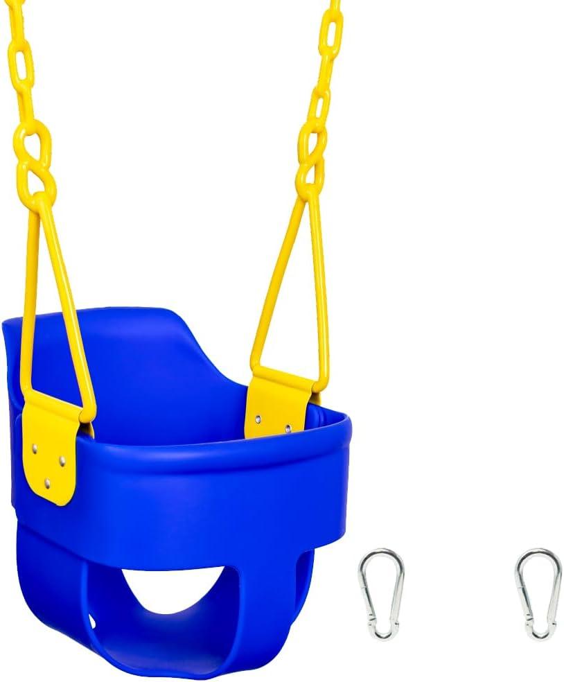 Premium High Back Full Bucket Toddler Swing Seat with Finger Grip, Plastic Coated Chains and Carabiners for Easy Install - Blue - Squirrel Products