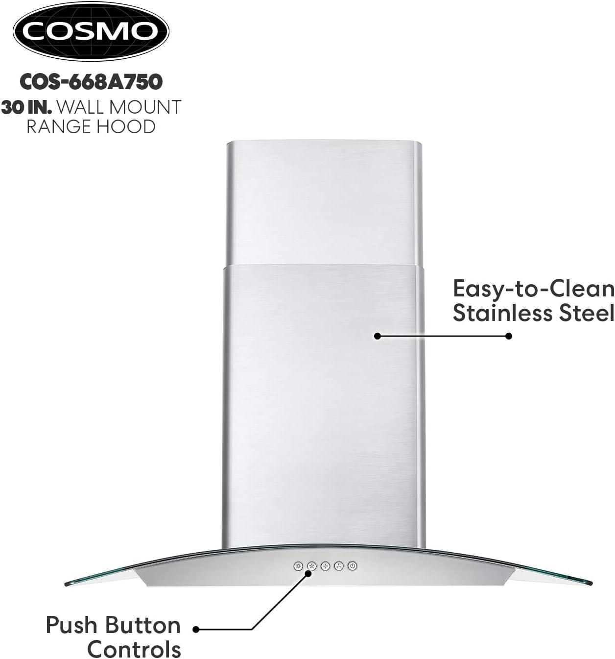 Cosmo 30 in. Ducted Wall Mount Range Hood Kitchen Hood in Stainless Steel with Push Button Controls, LED Lighting and Permanent Filters