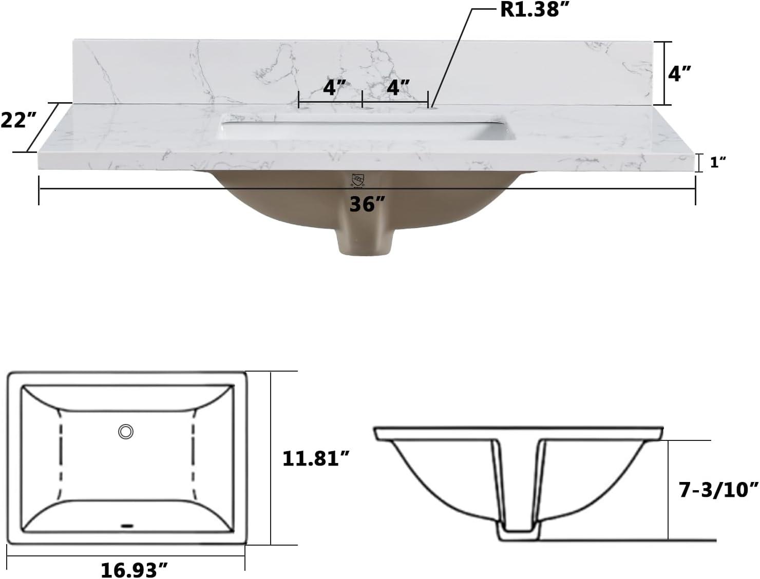 36" White Engineered Stone Vanity Top with Rectangular Sink