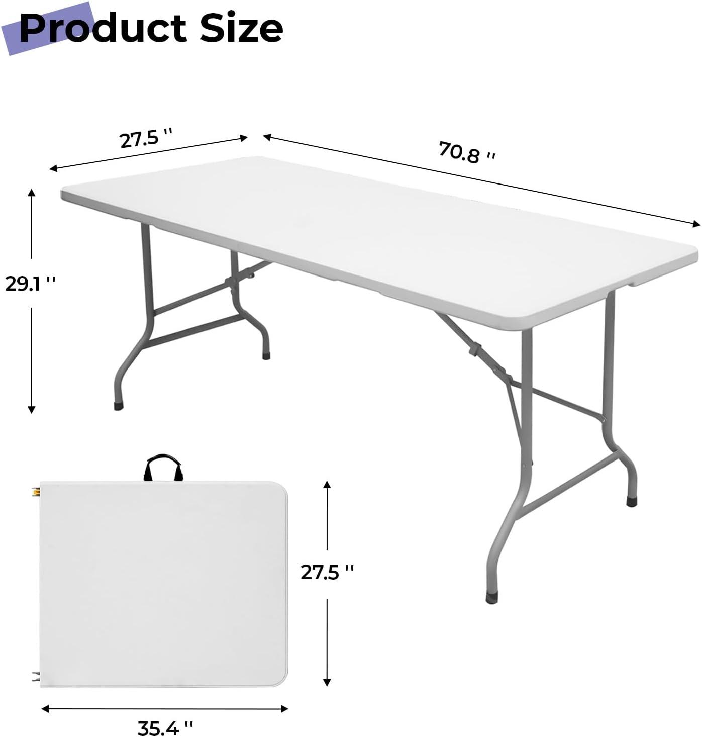 Folding Table 6ft Portable Heavy Duty Plastic Fold-in-Half Utility Foldable Table Plastic Dining Table Indoor Outdoor for Camping, Picnic and Party, White