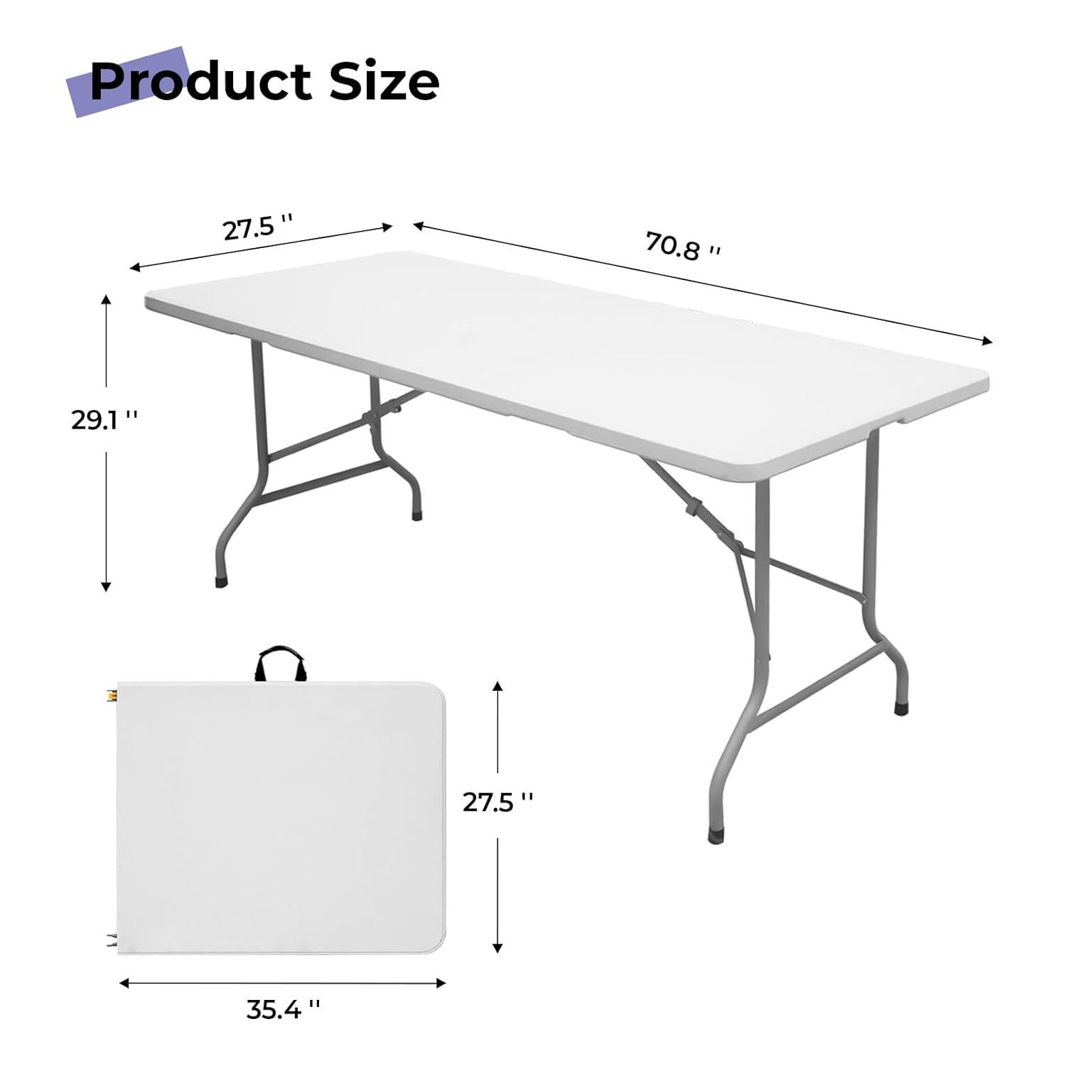 Folding Table 6ft Portable Heavy Duty Plastic Fold-in-Half Utility Foldable Table Plastic Dining Table Indoor Outdoor for Camping, Picnic and Party, White