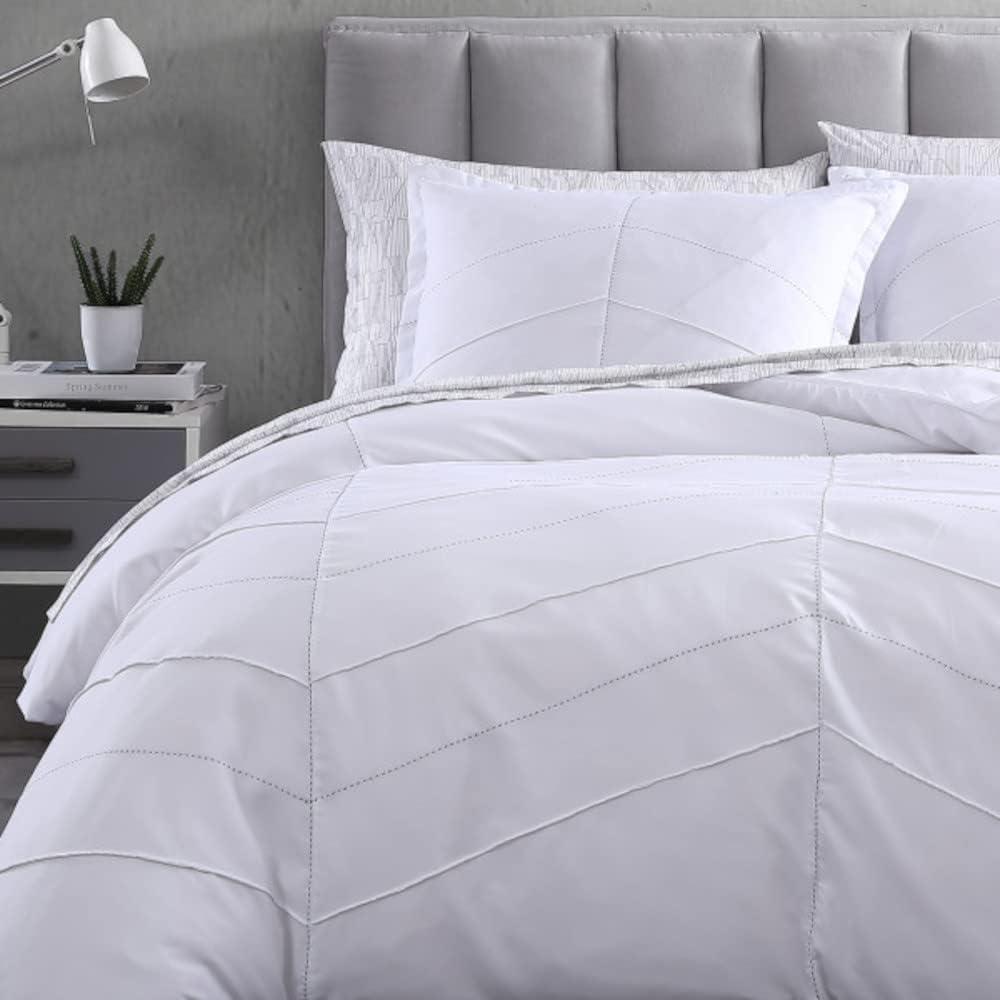 White Chevron Pintuck Full/Queen Duvet Cover Set