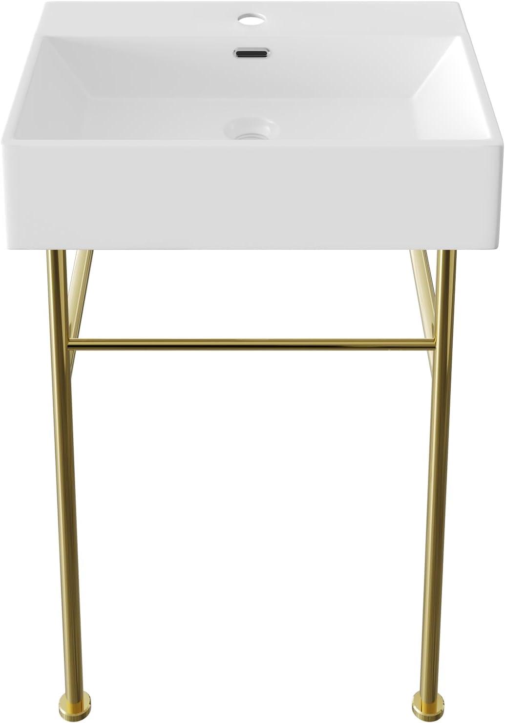 Ceramic White Rectangular Single Faucet Hole 24 in Console Bathroom Sink with Overflow