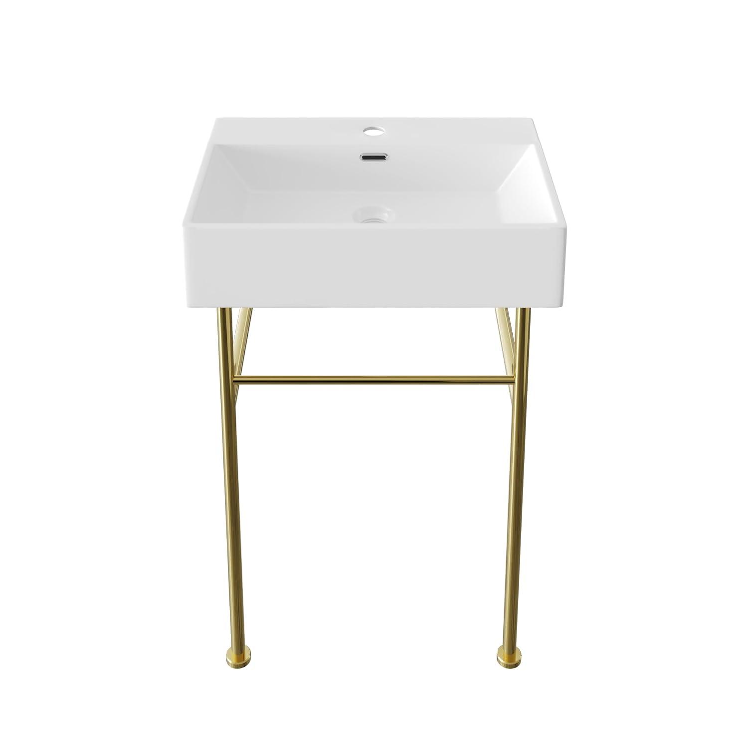 Ceramic White Rectangular Single Faucet Hole 24 in Console Bathroom Sink with Overflow