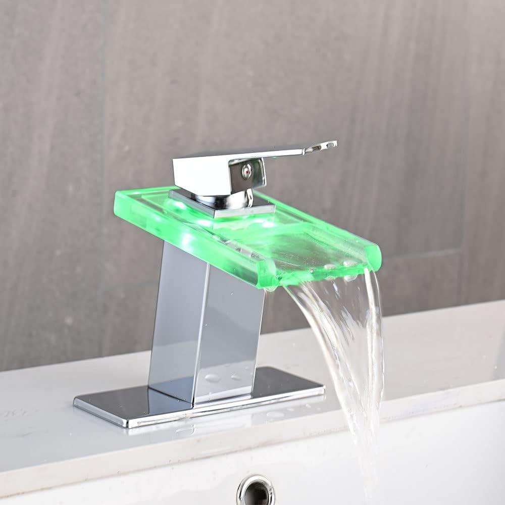 Chrome LED Waterfall Bathroom Sink Faucet with Glass Spout