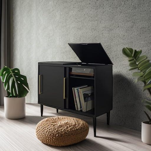 Everett Media Console Matte Black - Crosley: Hinged Lid, Hardwood, Wire Dividers