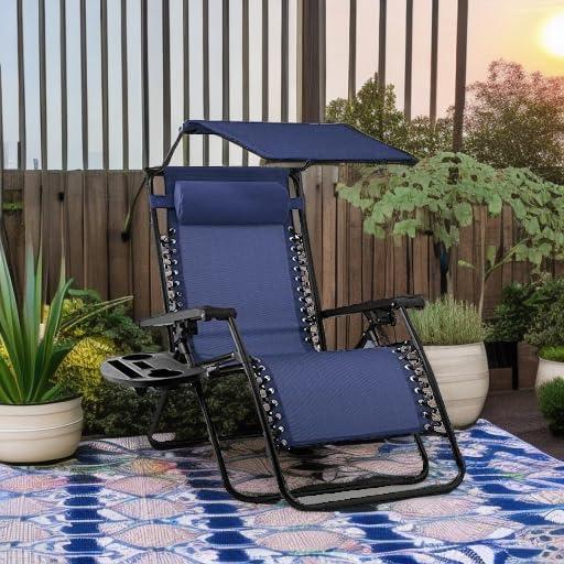 Best Choice Products Folding Zero Gravity Recliner Patio Lounge Chair w/ Canopy Shade, Headrest, Side Tray - Navy Blue