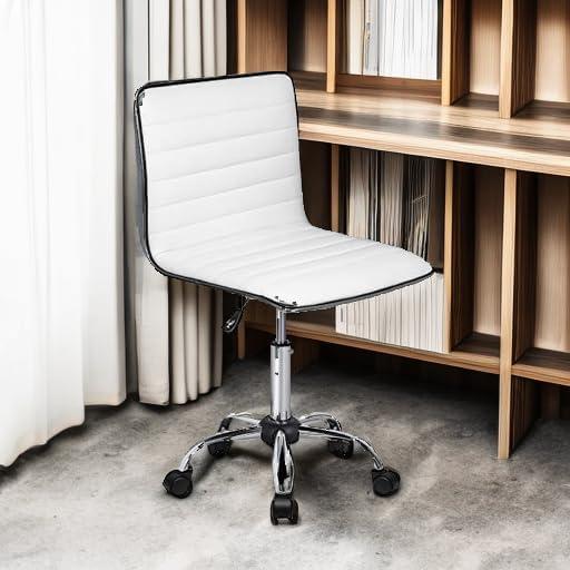 BOSSIN Adjustable Home Office Chair, Mid-Back Armless Ribbed Swivel Task Chair,Vanity Chair for Small Space, Living Room, Make-up, Studying (White)
