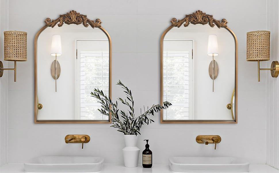 BohoBliss 24"X36" Gold Vintage Mirror for Wall, Antique Arch Mirror, Victorian Ornate Baroque Mirror for Wall, Mantel, Fireplace, Living Room, Hallway, Bathroom, Bedroom, Entryway