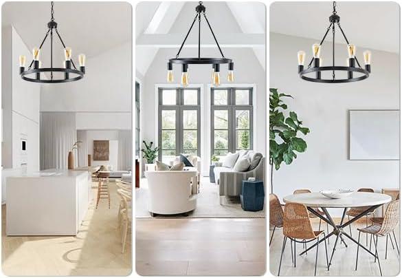 Farmhouse 6 Lights Black Wagon Wheel Chandelier,Modern Vintage Round Pendant Light Fixture for Dining Room,Living Room, Entryway Foyer Kitchen Island, E26